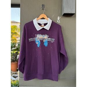 Vintage 90s Morning Sun Sweatshirt 2XL Purple Birds Collared Top Grandma Preppy